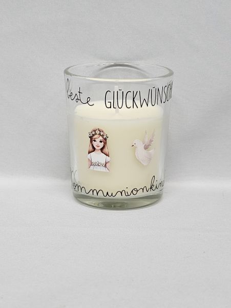 Kerze im Glas, Motiv (Mädchen) "beste Glückwünsche - Kommunionkind"