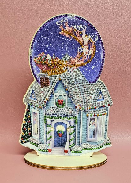 Weihnachtsdeko Diamond Painting handmade Ornament aus Holz, Motiv Weihnachtshaus (fertig)
