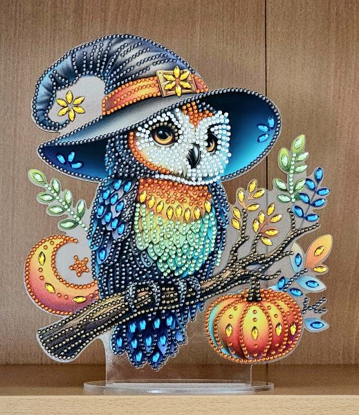 Deko Diamond Painting handmade Ornament aus Acryl, Motiv Halloween Eule (fertig)
