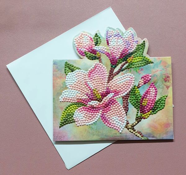 Diamond Painting Aufstell-Karte (fertig) Magnolien in weiß-pink, handmade