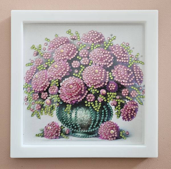Deko Diamond Painting handmade Bild mit Rahmen, Blumen in Vase (fertig)