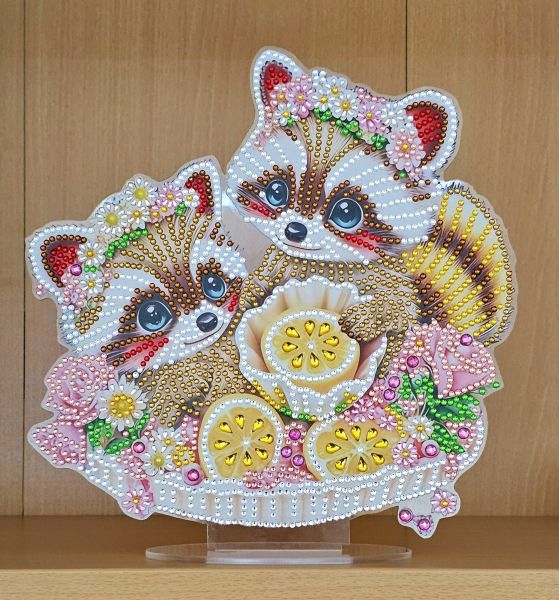 Deko Diamond Painting handmade Ornament, Motiv Waschbären (fertig)