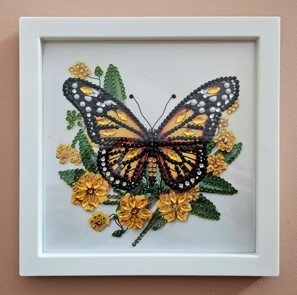 Deko Diamond Painting handmade Bild mit Rahmen, Schmetterling gelb-schwarz (fertig)
