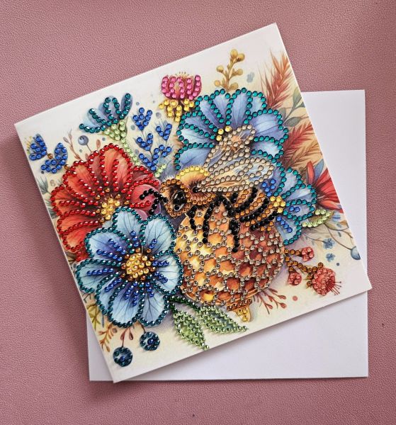 Diamond Painting Grußkarte (fertig), Biene mit Blumen, handmade