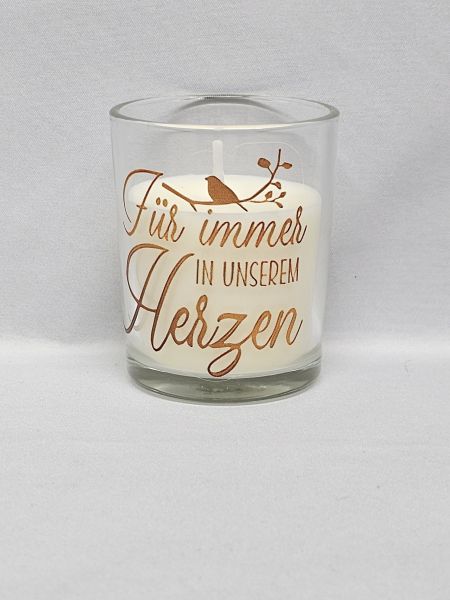 Kerze im Glas, Motiv (gold) "Für immer in unserem Herzen"