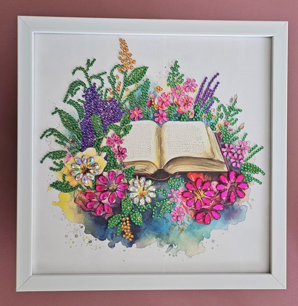 Deko Diamond Painting handmade Bild mit Buch und Blumen (fertig)