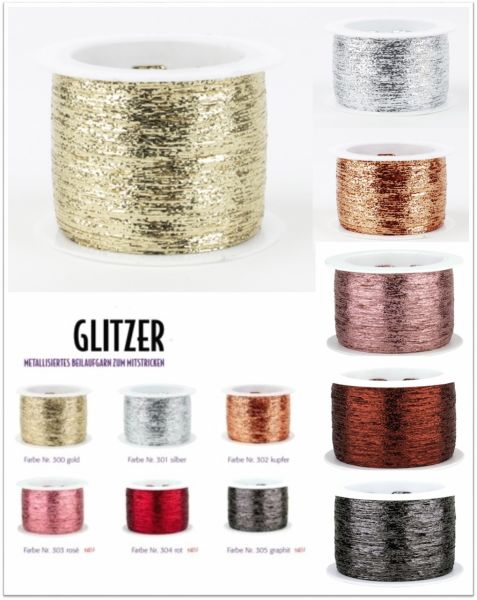 Woolly Hug´s Glitzer, metallisiertes Beilaufgarn zum Mitstricken & Mithäkeln