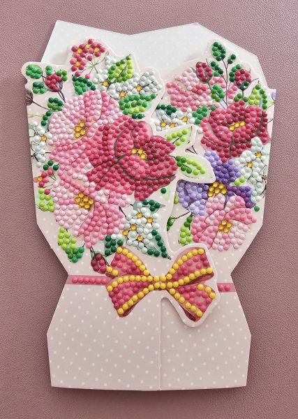 Diamond Painting handmade Grußkarte Blumenstrauß pink (fertig)