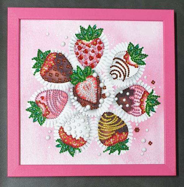 Deko Diamond Painting Bild (fertig) mit Schoko-Erdbeeren, handmade