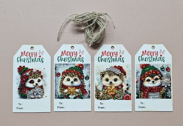 Deko Diamond Painting handmade Geschenk-Anhänger-Set (4 Stück), Motiv Igel (fertig)