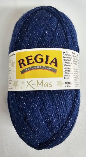 Regia X-Mas 4-fach, 100g Sockenwolle mit Glitzer Fb. 04953 blau / silber-Glitzer