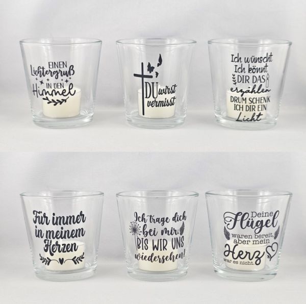 Teelicht im Glas, verschiedene Motive mit Trauersprüchen