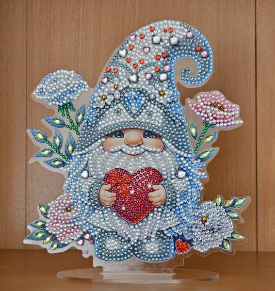 Deko Diamond Painting handmade Ornament aus Acryl, Motiv Gnom hellblau (fertig)